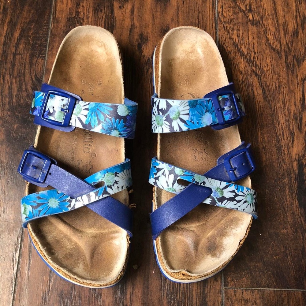 Papillio Birkenstock Blue Floral Tropical Garden Slides Sandals Criss Cross Band